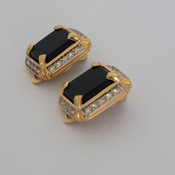 Nina Ricci Black Rectangle Onyx Clear Rhinestone Gold Tone Clip On Earrings - Picture 8 of 8